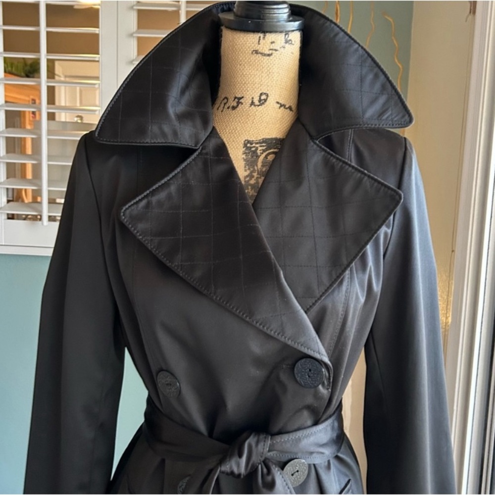 Tahari Black Satin Trench with Quilted Lapel and Button Detail